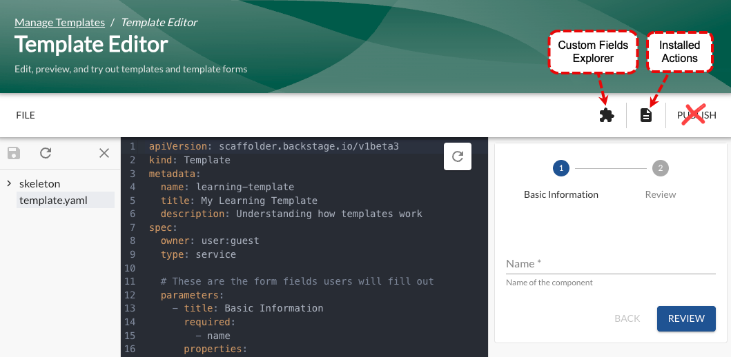 Template Editor interface
